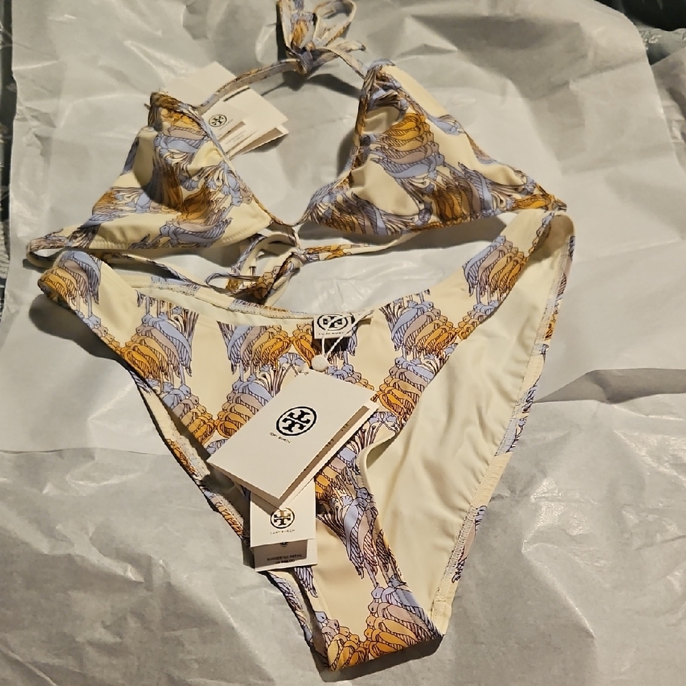 Tory Burch Cream and Blue Bikini Set